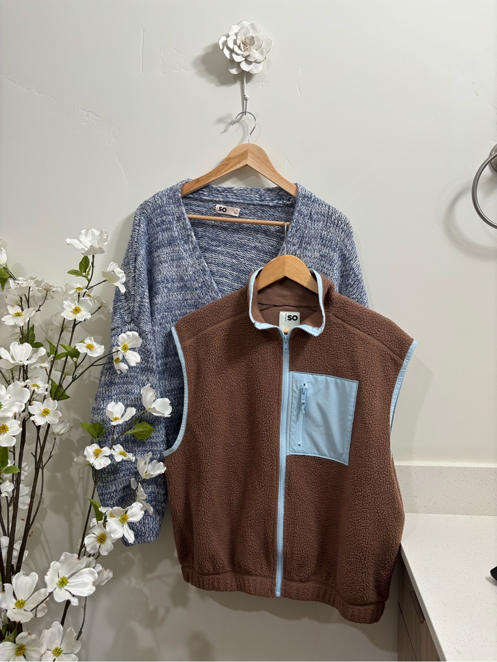 SO Bundle: Brown Zip Vest with Light Blue Trim and Blue Button-Up Cardigan